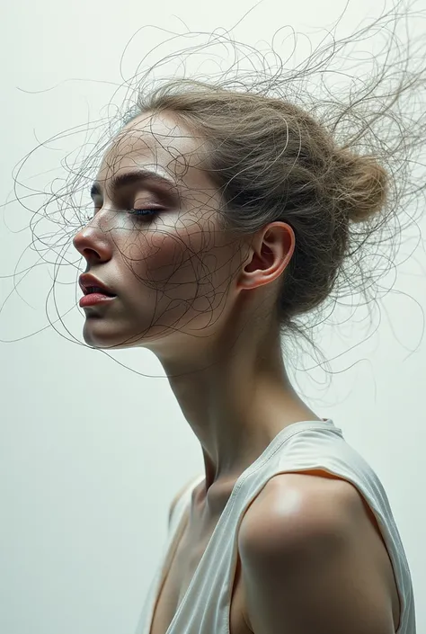 Woman with a head of tangled lines that disappears as the seconds go by and becomes a normal woman