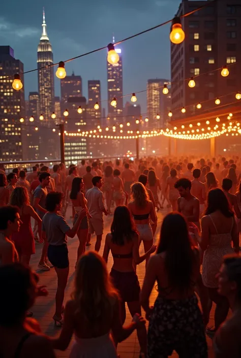 Many people Dancing, full Dancefloor, rooftop bar, new york Background, cosy athmosphere