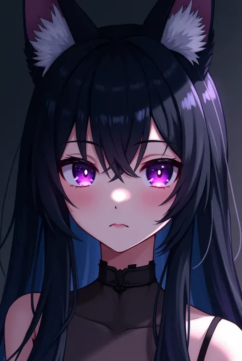 Sexy cute anime girl with fox hears dark black hair purpel eyes
