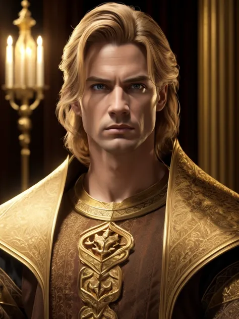 1 man, inside a golden castle, wearing a medieval kings outfit with golden colors, detailed facial features, beautiful brown eyes, detailed light skin, short reddish-blonde hair, strong malevolent expression, dramatic lighting, cinematic composition, cold ...