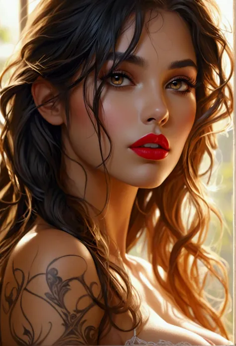 Create a full body image of the most stunningly gorgeous beautiful perfect young sexy young daughter of lucifer, high detailed sexy stunning feminine face, perfect makeup, sexy seductive lips, lipstick, beautiful perfect hour glass body figure, long flowin...