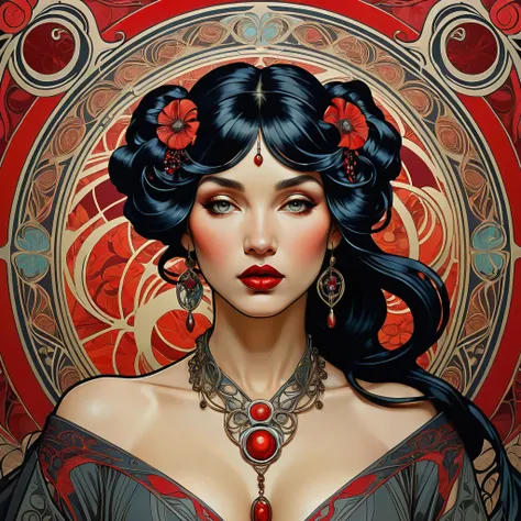 raw 3D graphic depicts a stylized woman with flowing black hair and crimson lips, framed by a complex array of designs and symbols, pin background, Martin then, Martin then,Portrait of the Work, lots of vibe, art nouveau Lilith, styled Alphonse Mucha, real...