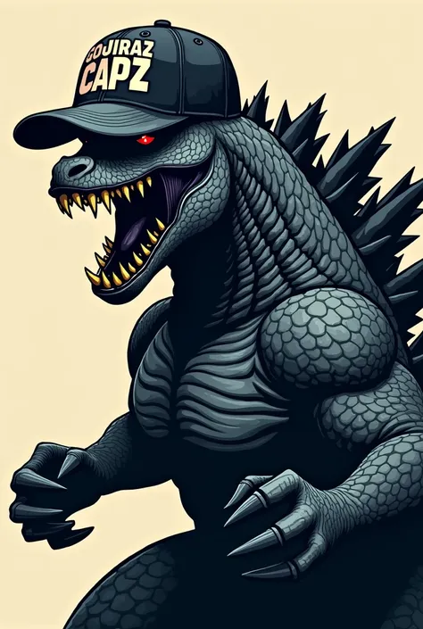 an image for a company logo that sells caps , that it is a menacing and ferocious gojira with a cap and the company name is Gojiraz Capz , 