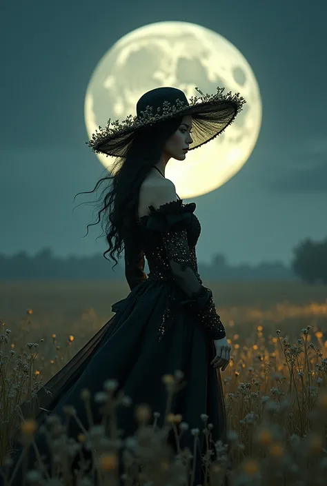 A mysterious woman, black haired wearing a black and gold dress, wearing a beautiful hat under the full moon in a field of laughter