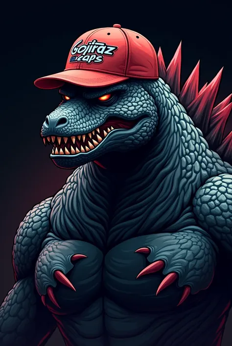 an image for a company logo that sells caps , that it is a menacing and ferocious gojira with a cap, The company name is Gojiraz Capz , 