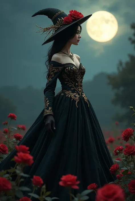 A mysterious woman, black haired wearing a black and gold dress, wearing a beautiful hat under the full moon in a field of red roses