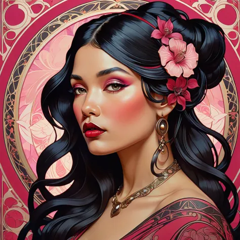 raw 3D graphic depicts a stylized woman with flowing black hair and crimson lips, framed by a complex array of designs and symbols, pink background, Martin then, Martin then,Portrait of the Work, lots of vibe, art nouveau Lilith, styled Alphonse Mucha, rea...