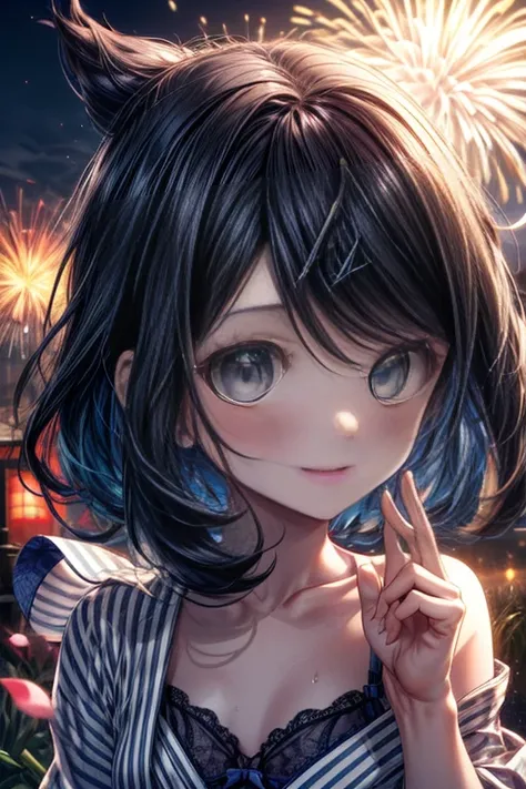 (nsfw), (masterpiece, Highest quality, 8K ultra-high resolution:1.4), 14yo, kawaii, Pokemon Riko, (A colorful navy blue yukata, Mizuro frilled bra, night: 1.4), (Summer festival), ((turn around)), Beautiful Eyes,Flash photography, Backlight,  ((Close-up of...