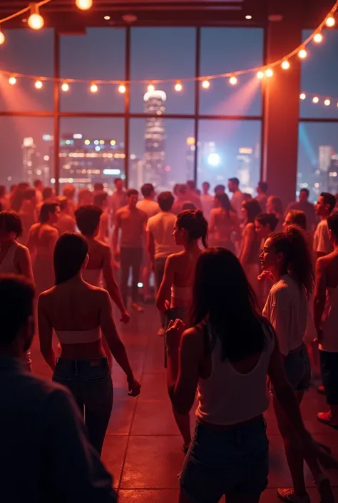 Many people Dancing, full Dancefloor, rooftop bar, new york Background, cosy, angle Standing in the crowd