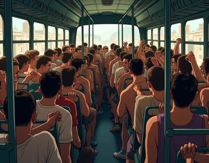 Make an illustration. A crowded bus, with male and female passengers (Chico Mão Leve) standing visibly cramped, crossing their legs and with a desperate expression, begging the driver to stop.