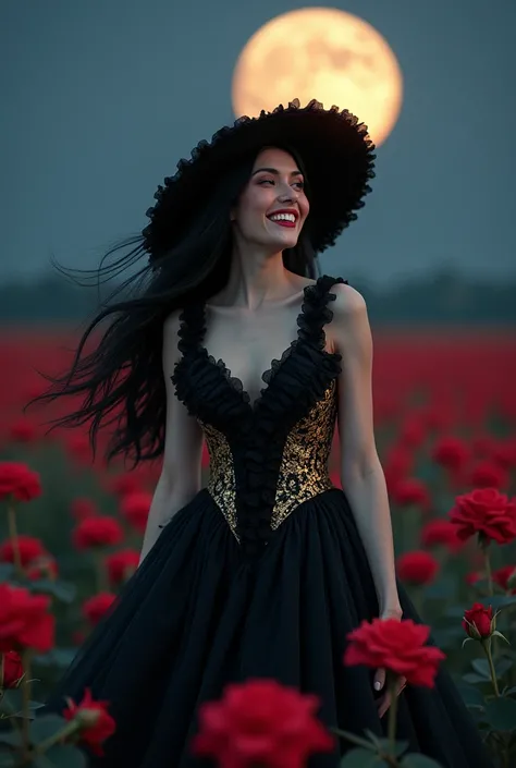 A mysterious woman, black haired wearing a black and gold 7 ruffled dress, wearing a beautiful hat under the full moon laughing in a field of red roses