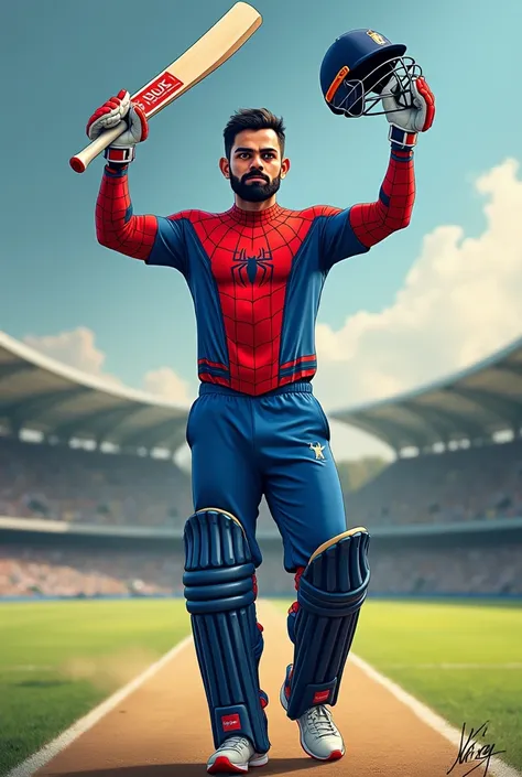 Virat Kohli in Spiderman suit in while celebrating his century  with bat and helmet in hand 
