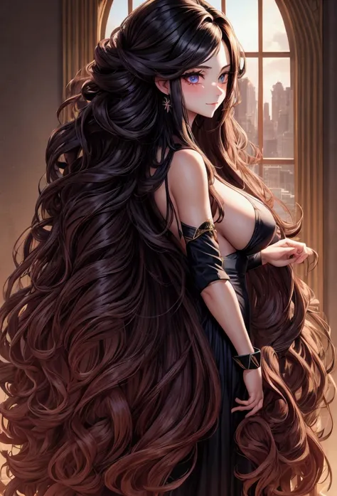 cute girl, super long hair, hair, big hair, thick hair, big breasts, big butt, hourglass body, emphasis on hair, emphasis on eyes, emphasis on face, blush, smile, sexual clothing