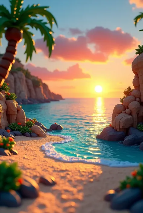 create a lego world background. Wherever there is a beach and you can see the sea, sand and sunset