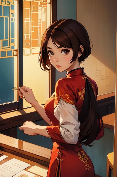 Illustration design, delicate characters, windows, tables, brown hair, big eyes, long cheongsam