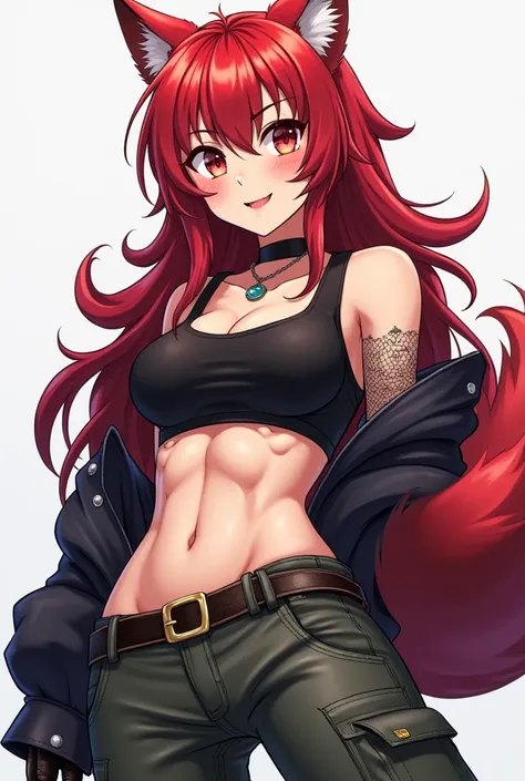 A tall, attractive strong woman. She has wolf ears and tail. Red Hair. Her look is arrogant smiling. She uses punk clothing and have a six pack. Her have cargo pants. Anime style