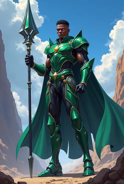 A black guy, with green armor,with a super shiny spear, purples eyes, アニメ