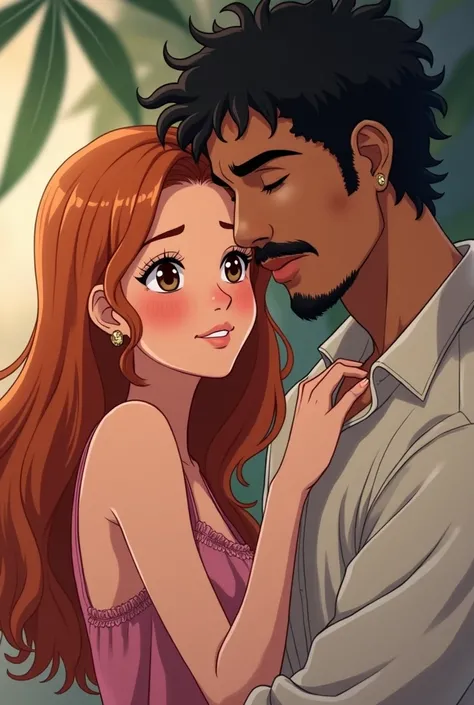 White girl, long and wavy hair, ginger/orange hair, doe brown eyes, pink makeup, cute outfit 
An Moroccan man, curly black hair, big nose, with a mustach, no earring, sexy face, sleepy eyes type
They are hugging each other 
Anime style 