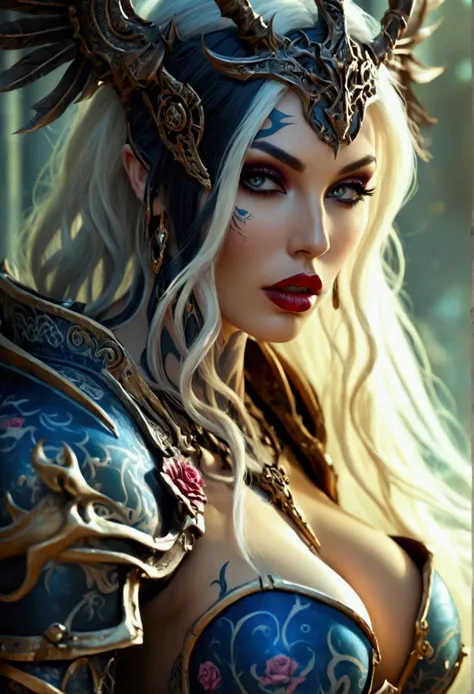 Create an image of the most stunningly gorgeous beautiful perfect sexy tattooed female deathknight, high detailed sexy stunning feminine face, perfect makeup, sexy seductive lips, lipstick, beautiful perfect hour glass body figure, long flowing hair, gigan...