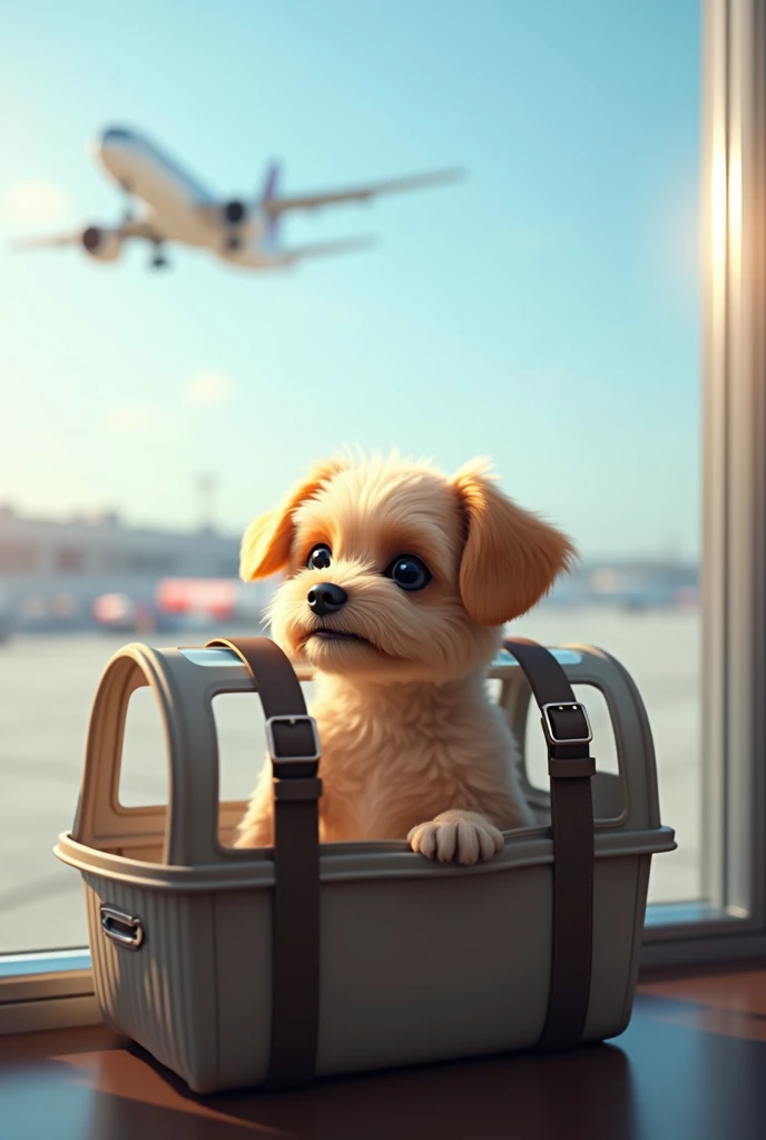 Dog in a carry bag in front of an airport window 