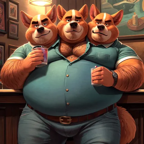 solo, welsh corgi, twins, three identical heads attached to the same body, welsh corgi ears, red fur, bald, masculine, three necks, (manly eyes), adult, male, 50 years old, (stylized 3d, by disney, by rembrandt), by pixar:1.1, by dramamine, hairy chest, ha...