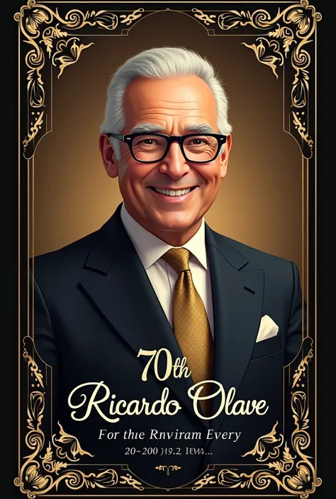 Create a birthday invitation card. On behalf of Mr. Ricardo Olave who is turning 70 years old