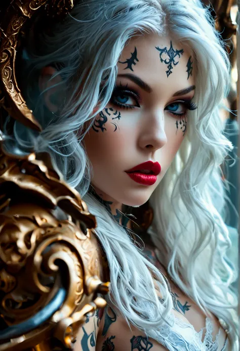 Create an image of the most stunningly gorgeous beautiful perfect sexy tattooed female deathknight, high detailed sexy stunning feminine face, perfect makeup, sexy seductive lips, lipstick, beautiful perfect hour glass body figure, long flowing hair, gigan...