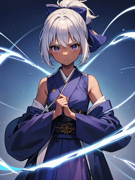 1 Dark skin girl, short, with white hair in a ponytail, wearing a dark blue kimono. Holding a bow and arrow. has a little electricity coming off of her, Serious face, cute.