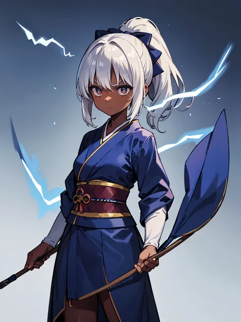 1 Dark skin girl, short, with white hair in a ponytail, wearing a dark blue kimono. Holding a bow and arrow. has a little electricity coming off of her, Serious face, cute.