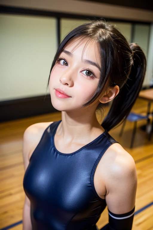 A girl wearing a school swimsuit and opera gloves is looking at us with her eyes looking up.。Hair color is black。Hairstyle: Ponytail。The whole body is visible。