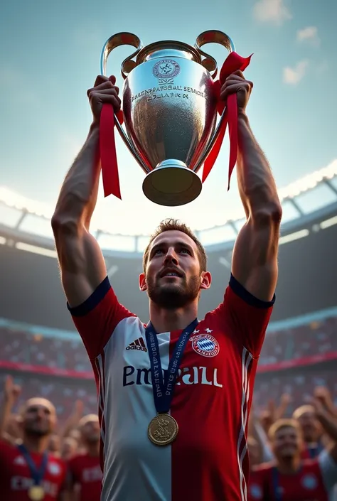 Harry Kane lifting a Champions League trophy at Bayern Munich 
