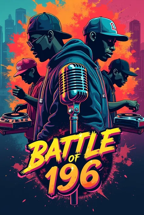 A poster for a rap battle , with the 4 elements of hip-hop and a microphone in the middle and the title on top " BATTLE OF 196"  all with lots of colors and in graffiti style 
