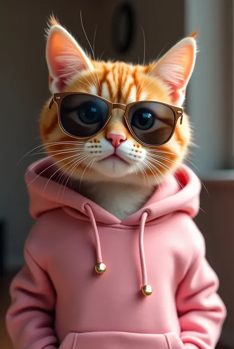 A caramel colored female cat, extremely cute, wearing dark sunglasses and a pink sweatshirt 