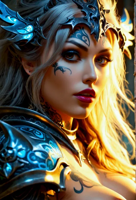 Create an image of the most stunningly gorgeous beautiful perfect sexy tattooed female deathknight, high detailed sexy stunning feminine face, perfect makeup, sexy seductive lips, lipstick, beautiful perfect hour glass body figure, long flowing hair, gigan...