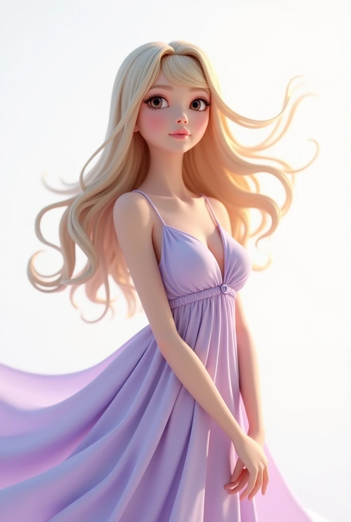 Create a beautiful 3D character, blonde, light brown cor, with light brown eyes, lilac dress and medium hair in 3D drawing format, white background, 
