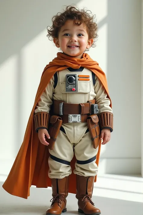 Generate me an image of a white-skinned child with curly hair, and star wars costume 