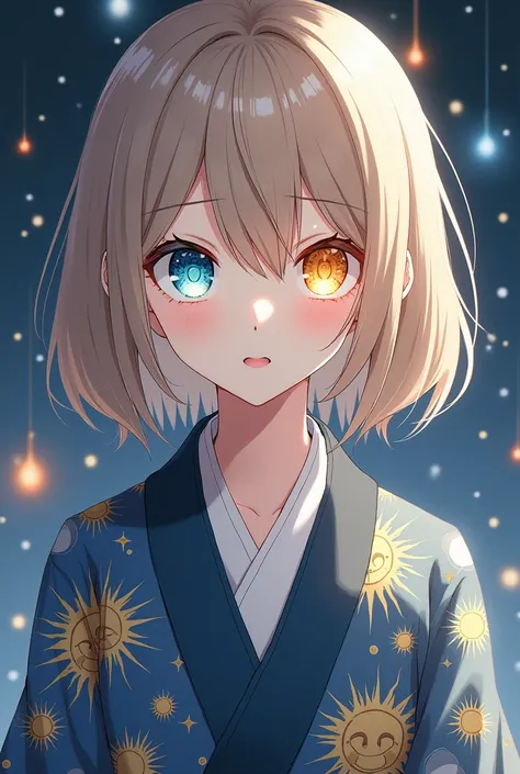 A girl with beige hair, one dark blue eye and the other yellow, wearing a haori with suns and moons on it in the style of Kimetsu No Yaiba.