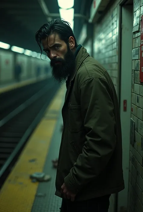 A tall young man, A thin man with a black beard and green eyes tries to throw himself onto the subway tracks 