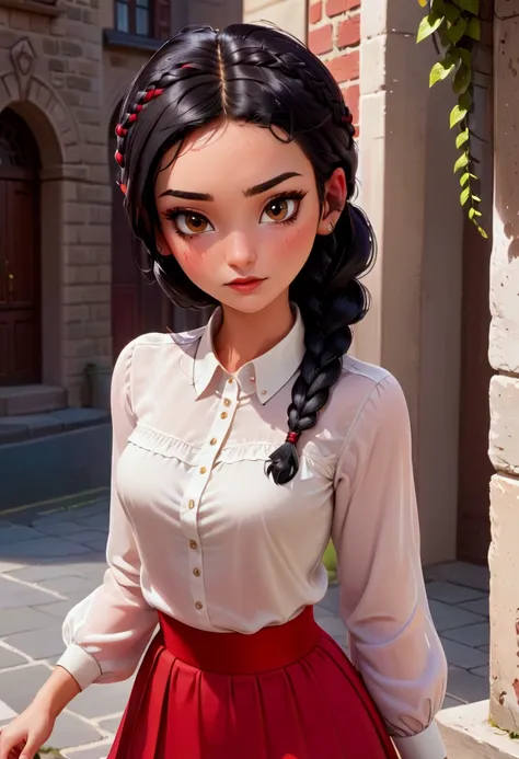 Black haired woman with two braids, Brown eyes, a white blouse, red skirt up to the knee, brown shoes