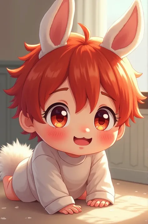 I want an Imagine of a baby with adorable features like small bunny ears in anime style can include big expressive and bright eyes and cute red hair in 2D male