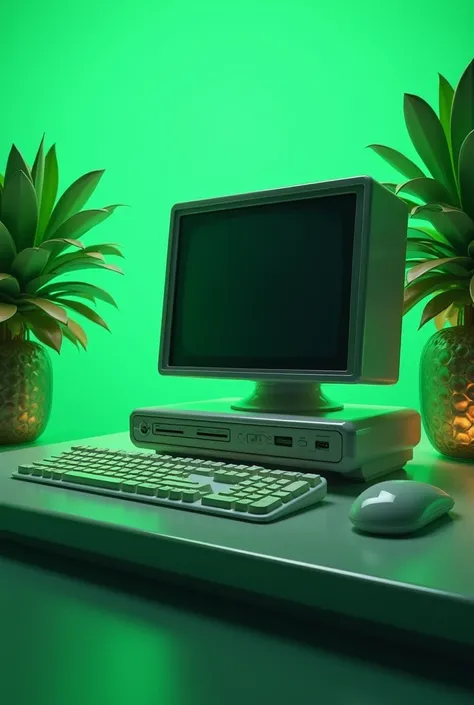 Make me a 2000s computer with a keyboard with a green background  