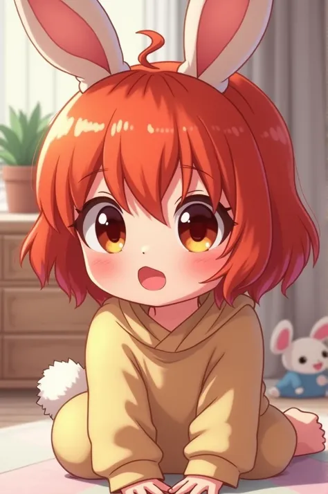 I want an Imagine of a baby with adorable features like small bunny ears in anime style can include big expressive and bright eyes and cute red hair in 2D male