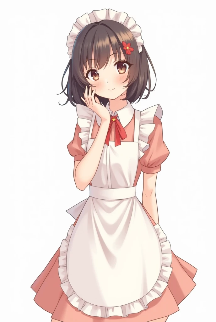 Maid of a maid cafe, with a completely 2D design, anime style with pastel colors on a white background 