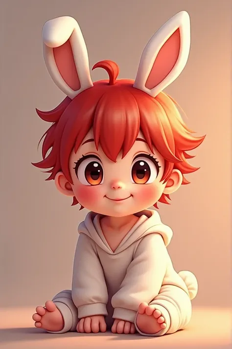 I want an Imagine of a baby with adorable features like small bunny ears in anime style can include big expressive and bright eyes and cute red hair in 2D male