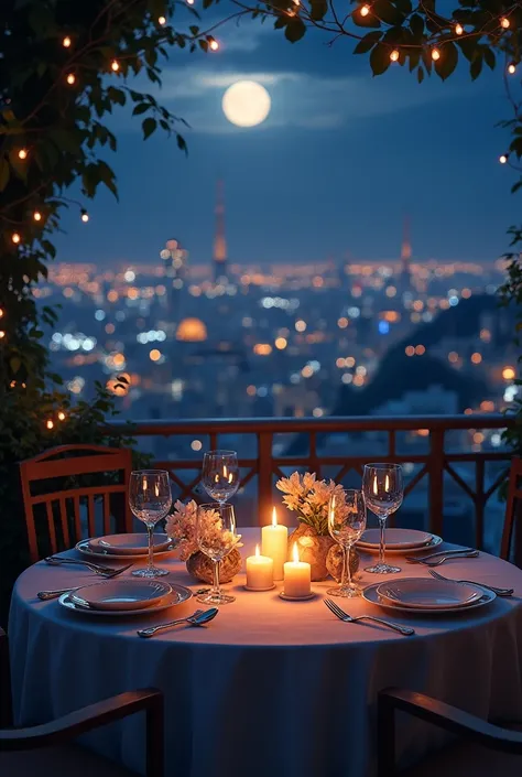 Candlelit dinner under the moonlight overlooking the city, withouth People
