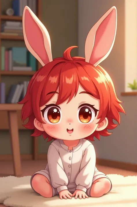 I want an Imagine of a baby with adorable features like small bunny ears in anime style can include big expressive and bright eyes and cute red hair in 2D male