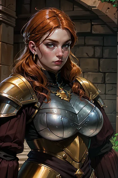 Close up of Dwarven woman, orange hair, maroon armor with gold trim, heavy armor, maroon armor, maroon breast plate. chubby cheeks, green eyes, freckles on cheeks, (freckles on top of breasts), freckles on legs, underground, large cavern, carved stone wall...