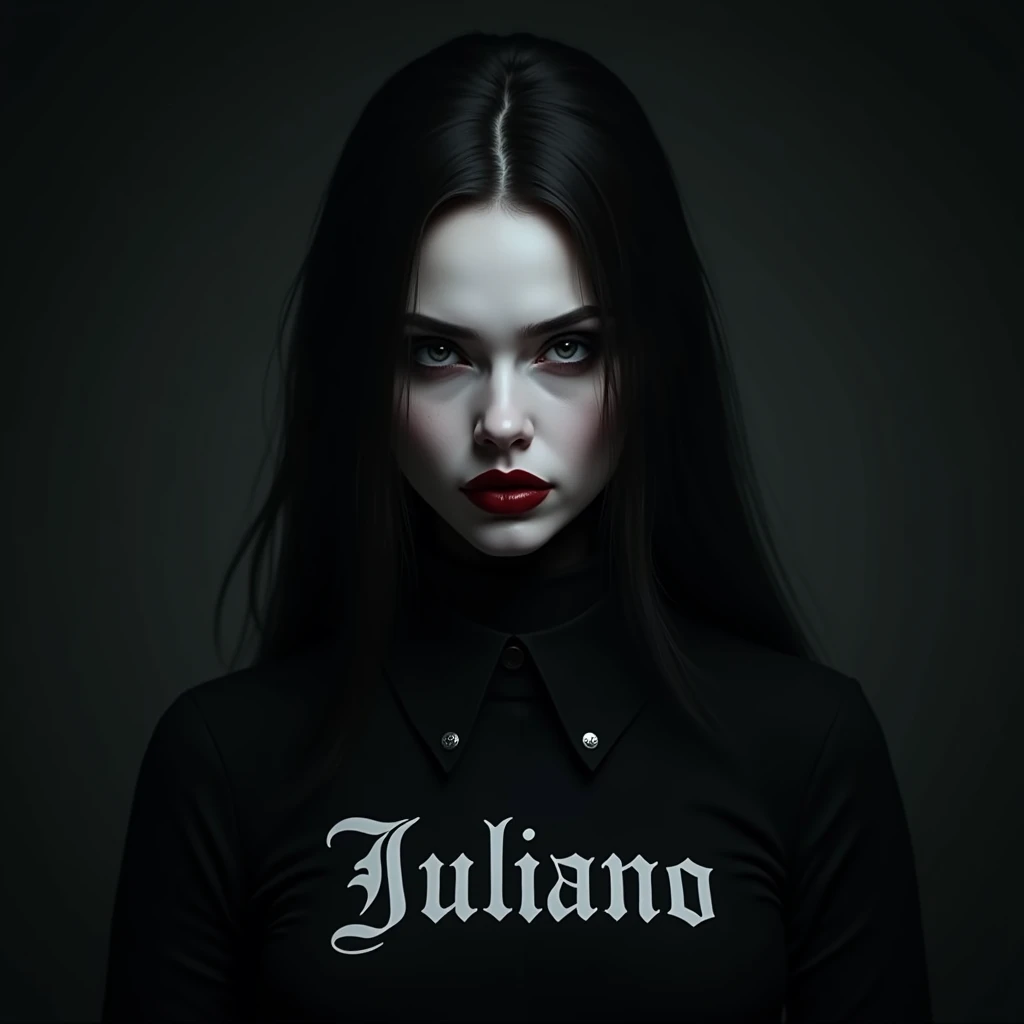 Gothic woman face, shirt with the word JULIANO written on it