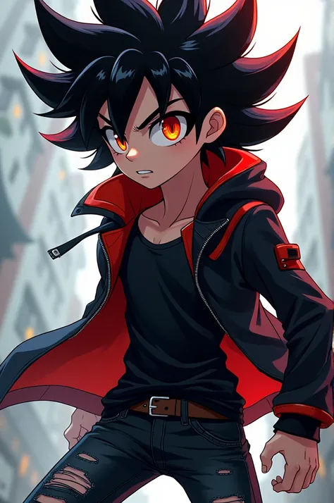 Create the image of an 18 year old human boy with black hair style shadow the hedgehog with 2D anime eyes style bakugo 164 cm tall worn jeans with a black jacket 