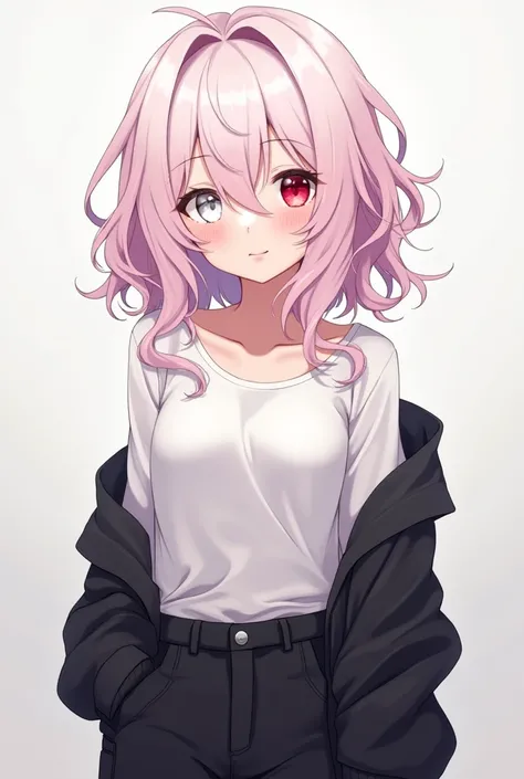 Make an anime girl with pastel pink and white wavy hair with a solid white left eye and a scarlet red right eye with a white blouse black cargo pants and an open black coat